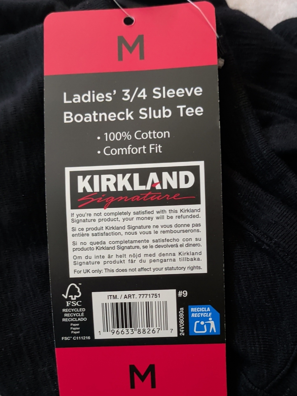 NWT Kirkland Signature Women's 3/4 Sleeve Slub Tee Black - Picture 3 of 3